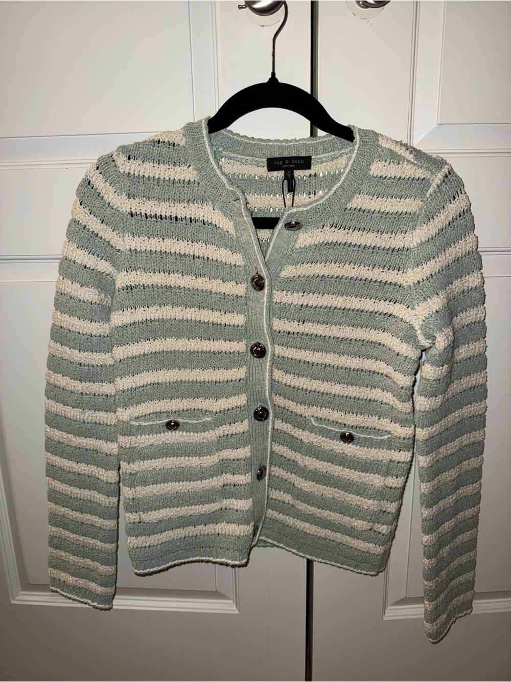 Rag and Bone Striped Crewneck Cardigan Sweater - Sage and Cream